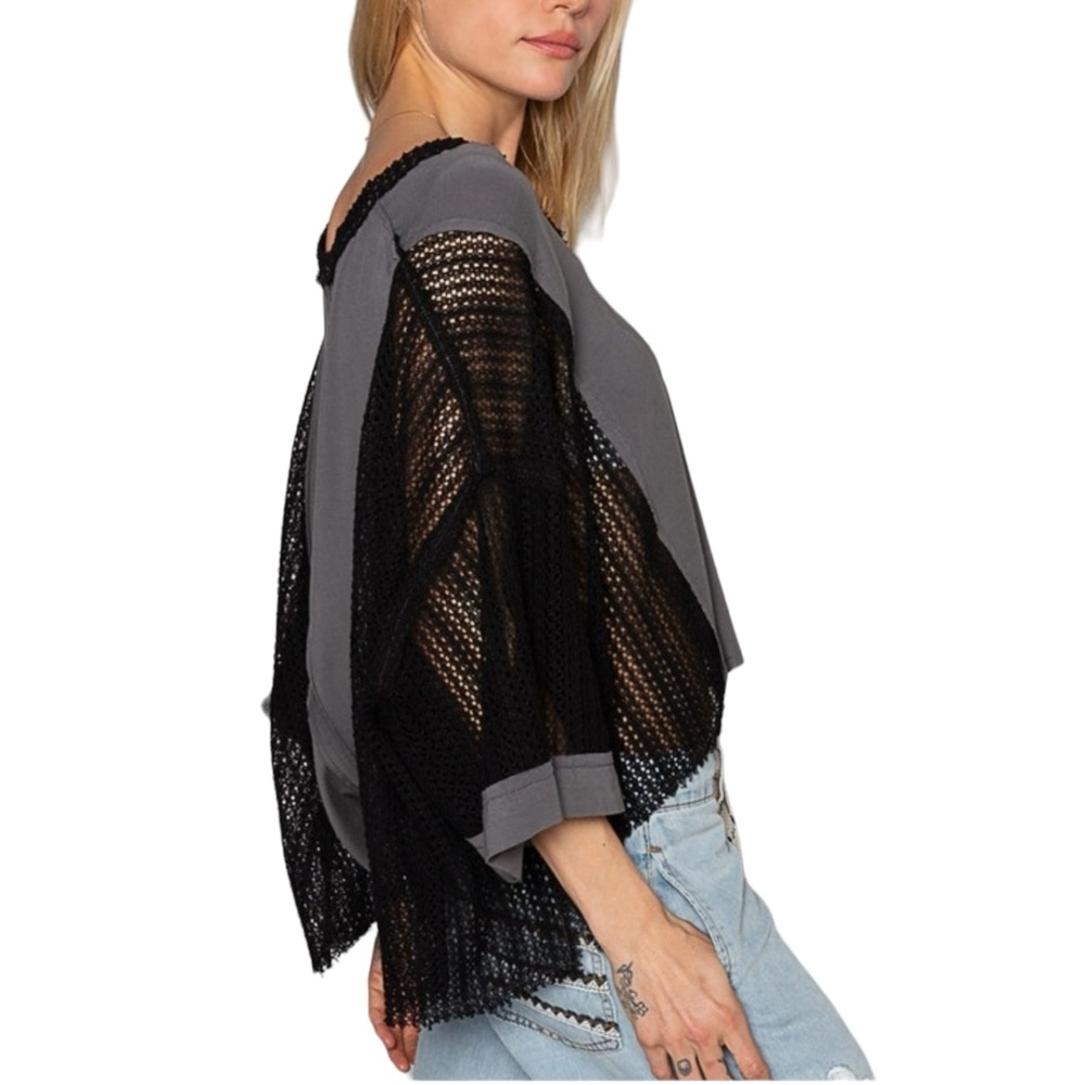 POL Gray Mixed-Media V-Neck Top with Floral Accent - Picture 2 of 3